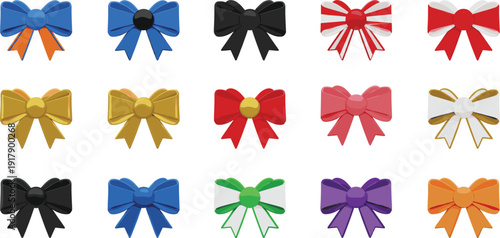 Set of colorful decorative ribbon bows for gift wrapping, holiday celebration, Christmas presents, birthday party decor, elegant satin knots, vector illustration elements for greeting card design, ret