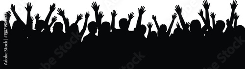 Silhouettes of enthusiastic crowd with raised hands, abstract artistic illustration symbolizing unity, celebration, excitement, and collective participation for event, gathering stock design