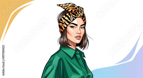 Stylishly illustrated portrait of a modern woman confidently wearing a green shirt and a trendy animal print headscarf, embodying contemporary fashion and beauty