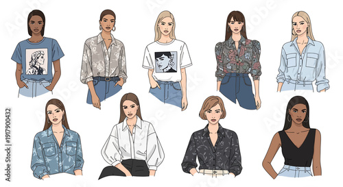 Diverse women showcased in trendy casual outfits, featuring various tops and denim