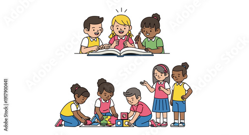 Diverse group of happy children studying and playing with blocks in two separate activities