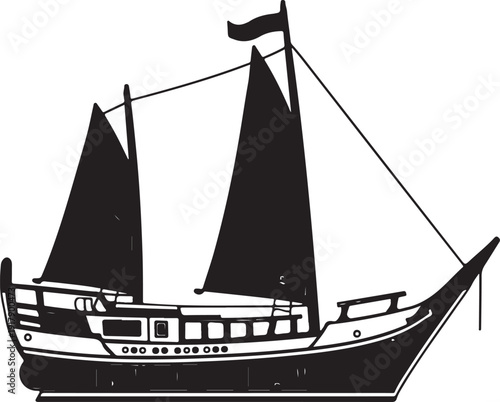 Vintage illustration of a classic sailing ship with two masts and billowing sails