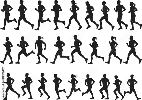 Running people silhouette collection, male and female joggers motion sequence, marathon fitness activity, black vector illustration isolated on white background