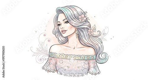 Elegant portrait illustration of a beautiful woman with long, flowing hair adorned with delicate flowers, showcasing a graceful and serene beauty