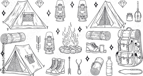 Camping outdoor adventure set, tent campfire backpack lantern boots sleeping bag equipment, cad drawing flat vector illustration, nature forest hiking,