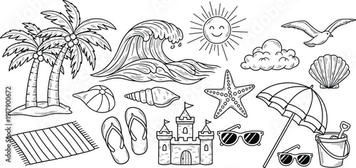 Hand drawn beach summer elements set black line art vector illustration with palm trees waves sandcastle shells umbrella and flip flops