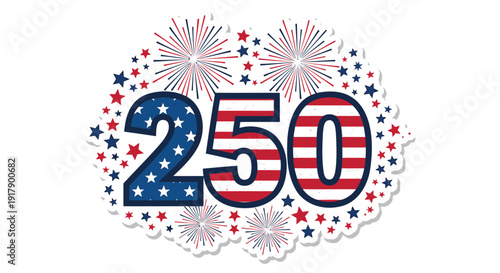 Patriotic 250th anniversary icon with fireworks and stars in American flag colors.