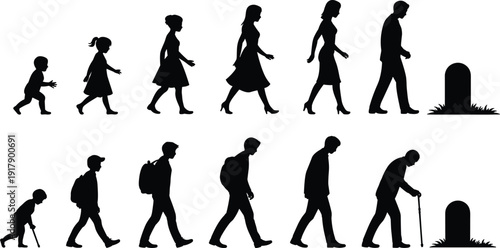 Silhouettes of male and female life stages from childhood to old age ending at gravestone, abstract artistic representation of human life cycle and mortality