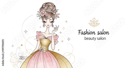Elegant Woman with Elaborate Hairstyle and Gown in Pastel Hues, Ideal for Fashion Salon and Beauty Salon Branding