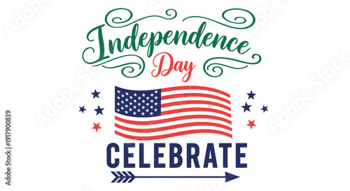 Independence Day icon with American flag and celebrate text, patriotic symbol for 4th of July, USA holiday emblem. Created in colorful vector style with red, white, and blue palette.