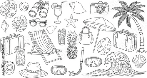 Summer beach vacation icons set with palm tree tropical leaves sunglasses suitcase camera cocktail snorkeling gear and beach chair line art