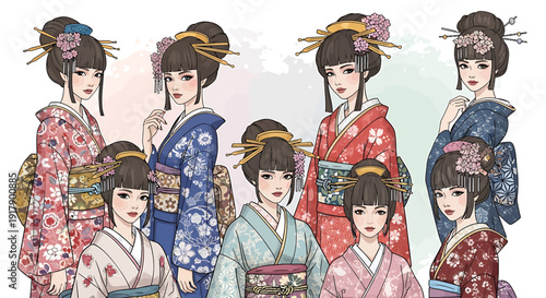 Beautiful Japanese Women in Traditional Kimonos, Elegant Styles and Vibrant Colors, A Cultural Showcase