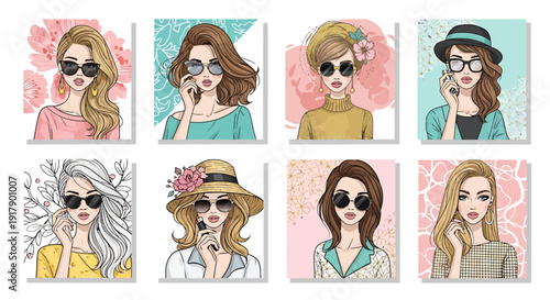 Chic Fashionable Women's Portraits Featuring Sunglasses and Hats