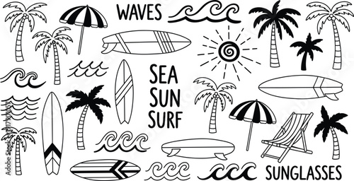 Beach surfing vacation icons, tropical palm tree surfboard ocean waves sun umbrella sunglasses beach chair, cad drawing flat vector illustration,