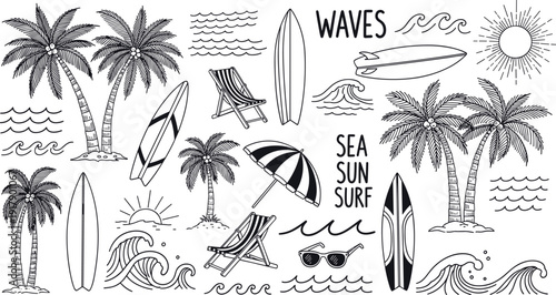 Beach surfing vacation icons, tropical palm tree surfboard ocean waves sun umbrella sunglasses beach chair, cad drawing flat vector illustration,