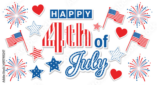 American Independence Day icon collection. Includes patriotic symbols like fireworks, flags, hearts, and stars. Created in colorful style with red, white, and blue palette.