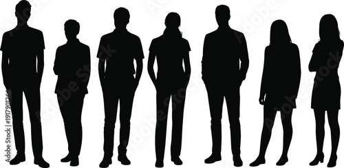 Silhouettes of seven diverse individuals standing side by side, abstract artistic arrangement symbolizing group dynamics, diversity, anonymity, and unity for creative stock illustration