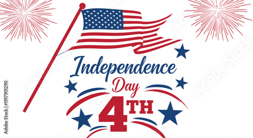 American Independence Day 4th of July vector icon. Includes patriotic symbols, flag, fireworks. Created in colorful style with red, white, and blue palette.