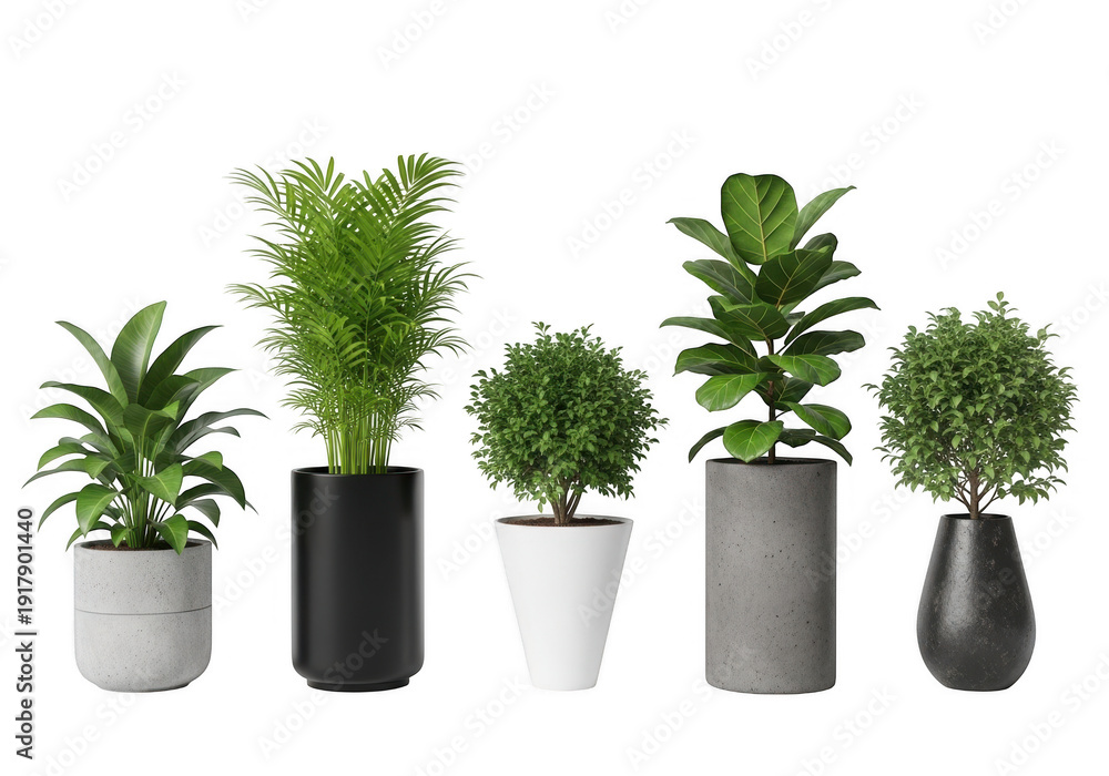 Fototapeta premium Collection of five modern potted plants with varied foliage and planters isolated on transparent background