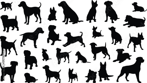 Silhouettes of thirty diverse dogs in various poses and breeds, abstract artistic arrangement symbolizing canine diversity, posture, and body language for creative stock illustration