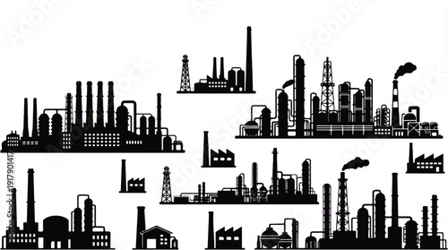 Industrial factory buildings and manufacturing plants in various silhouettes  industrial landscape