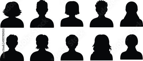 Silhouettes of ten diverse human head profiles in two rows, abstract artistic arrangement symbolizing anonymity, demographic diversity, and identity representation for creative stock illustration