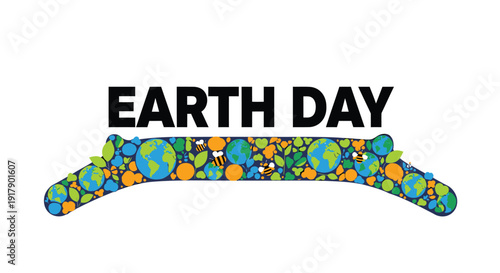 Earth Day boomerang icon with colorful globe pattern, eco-friendly symbol for environmental awareness and conservation.