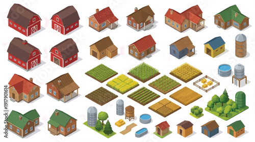 Isometric farm buildings and fields with silos and trees on white background