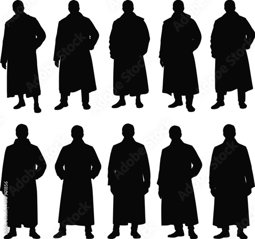 Male silhouette bundle, standing men poses, long coat outfits, traditional fashion style, black human figures, isolated collection, white background