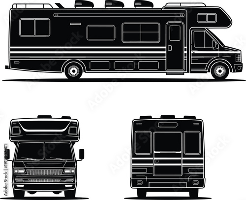 Motorhome RV Camper Van Blueprint Vector Illustration with Side Front and Rear Views, Detailed Recreational Vehicle Outline Design Isolated on White Background