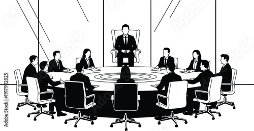 Professional business leaders in suits attending a formal corporate board meeting around a large round table in a modern glass office conference room.