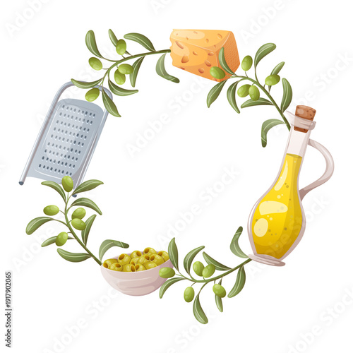 Olive wreath with cheese, oil and grater