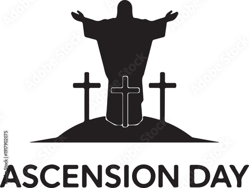 Silhouette of a figure ascending with three crosses symbolizing ascension day