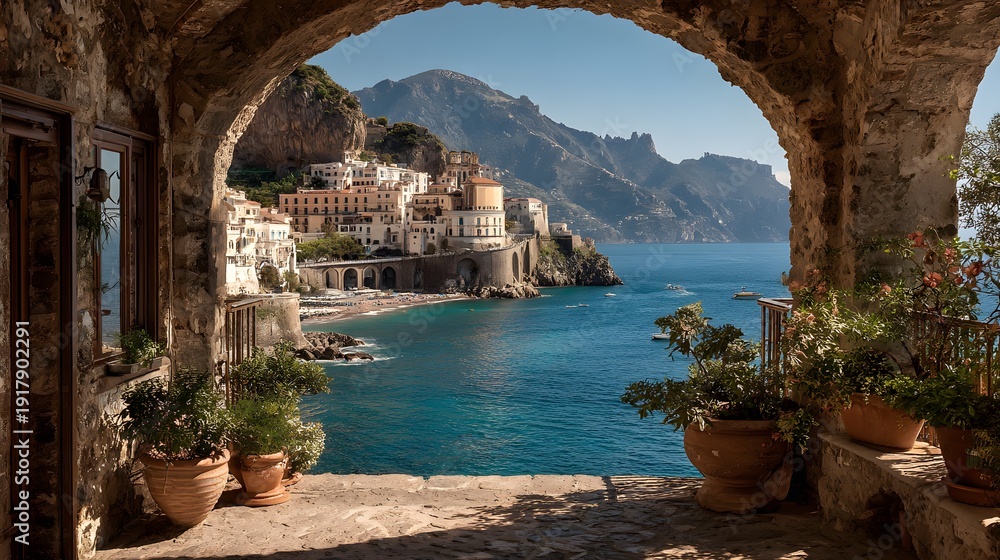Obraz premium Stone archway balcony offers a view overlooking the Amalfi Coast with deep blue sea, cliffside village and potted plants in the sun.