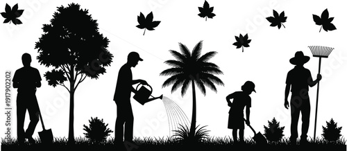 Silhouettes of a diverse group of people gardening and planting trees on a grassy lawn with falling leaves, representing environmental care and outdoor autumn landscaping.
