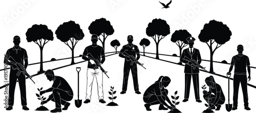 Silhouetted Soldiers and Police Officers Standing Guard Over Voluteers Planting Young Sapling Trees in a Forest Restoration Concept for Environmental Protection and Defense