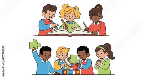 Diverse group of children collaborating on schoolwork and assembling puzzle pieces together