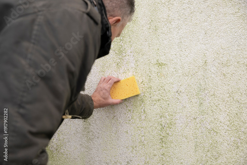 Man inspects and cleans mold and moss on facade with a sponge