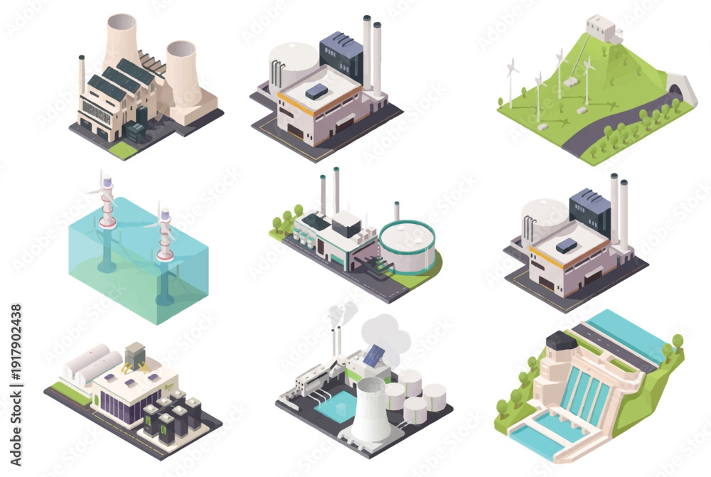 Obraz premium Isometric industrial buildings and renewable energy infrastructure icons set