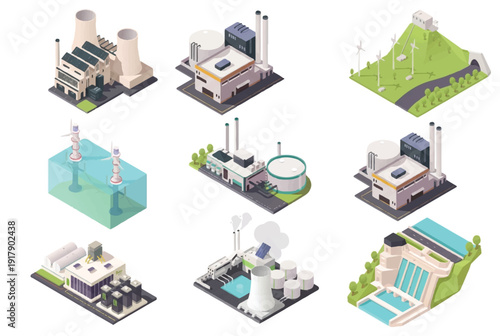 Isometric industrial buildings and renewable energy infrastructure icons set
