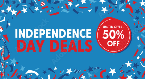 Independence Day sale banner template with blue starry background and red white and blue text, limited offer 50 percent off.