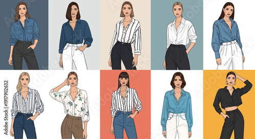 A diverse collection of contemporary women's fashion, showcasing various blouses, shirts, and everyday wear for different styling options