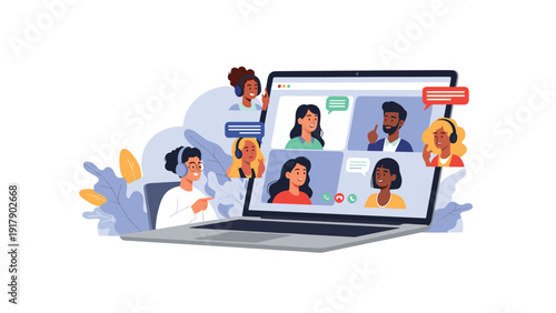 Global business communication concept with a group of people having a video conference call on a laptop screen.
