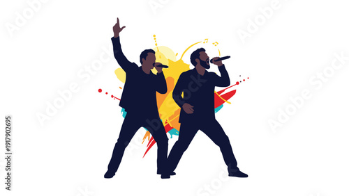 Silhouettes of two energetic male vocalists performing on stage with colorful artistic paint splatters behind.