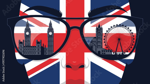 Artistic portrait of a face with United Kingdom flag colors and iconic London landmarks in the eyeglasses.