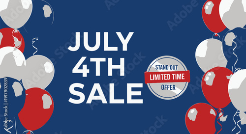 July 4th sale banner with red and silver balloons on blue background