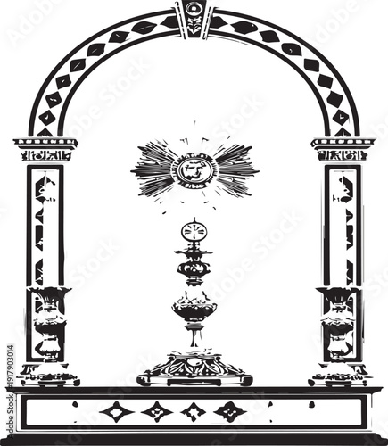 Intricate masonic or freemason ritualistic symbolism depicted in an ornate arch design