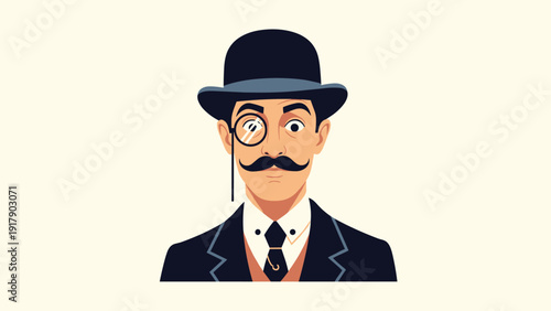 Dapper gentleman with a large mustache and a monocle wears a classic top hat and formal suit against a simple background.