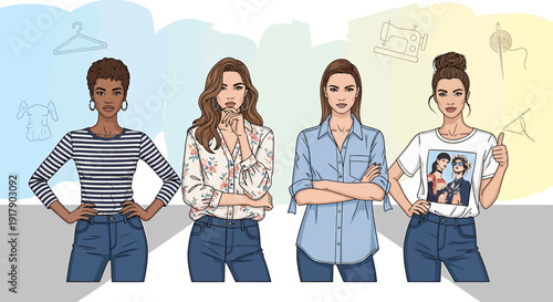 Four diverse young women confidently showcasing their unique casual fashion styles and everyday clothing choices, representing modern individuality and personal expression through modern apparel
