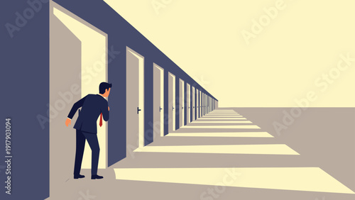 Businessman in a dark suit peers into an open door along a seemingly endless corridor of many identical white doors.